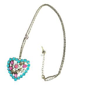 Betsey Johnson Signed Pink and Blue Gem Floral Heart Necklace on Bronze Chain